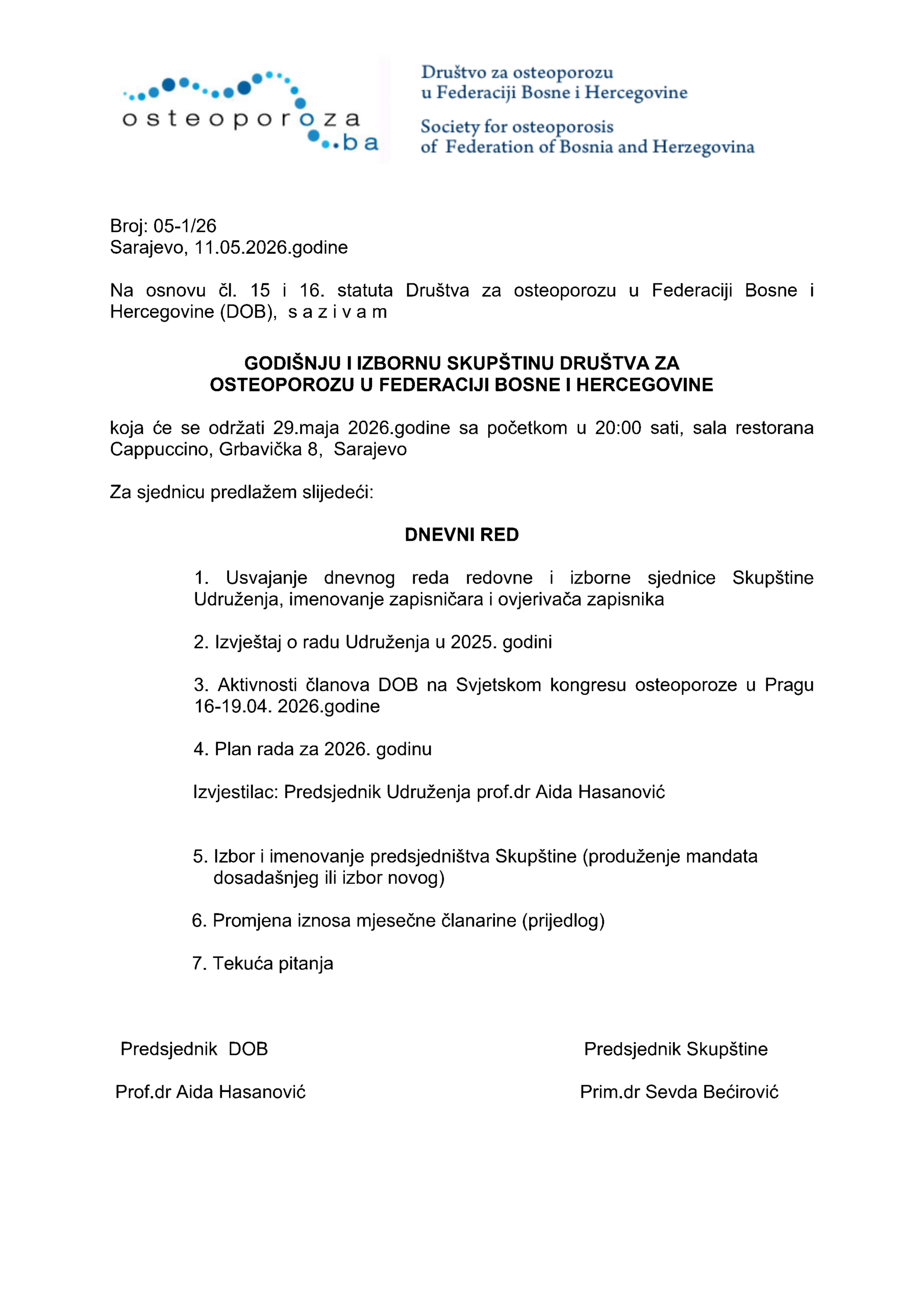 Godišnja i izborna Skupština Društva za osteoporozu u FBiH 2026